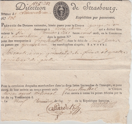 Frankreich - LeimersheimPassierschein d. Zolldirektion Strasbourg 26. JUL 1799