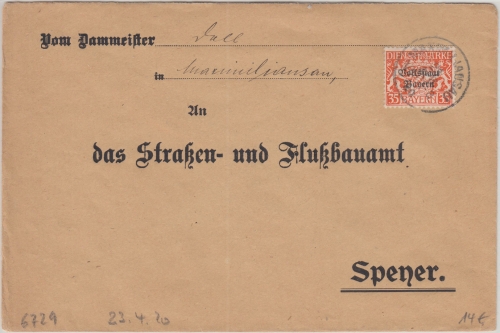 Bayern - 35 Pfg. Staatswappen/Volksstaat Dienstbrief Maximiliansau 23. APR 20