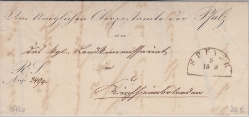 Bayern - Speyer 15/9 HKS Dienstbrief des OPA n. Kirchheimbolanden 1855
