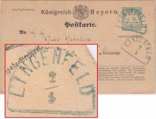 Bayern - Lingenfeld 2/5 grünblauer HKS 2 Kr. Ganzsache n. Maximiliansau 1875