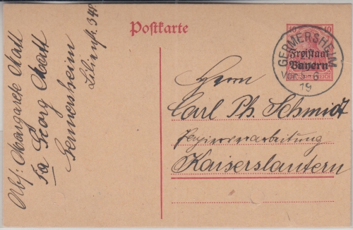 Bayern - 10 Pfg. Germania/Freistaat Pfalzverwendung ! Germersheim 23. MAI 19