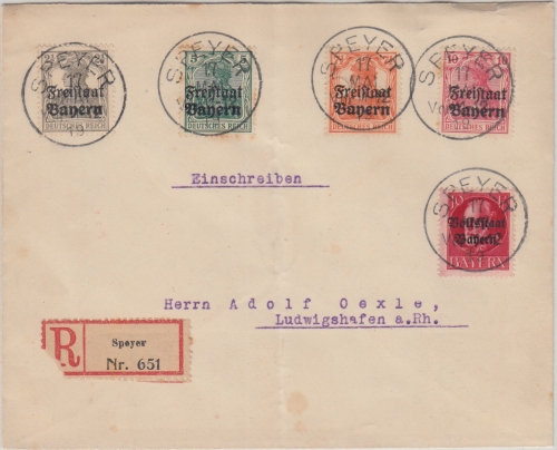Bayern - Germania/Freistaat Frühverwendung Pfalz Einschreibebrief Speyer 17.5.19