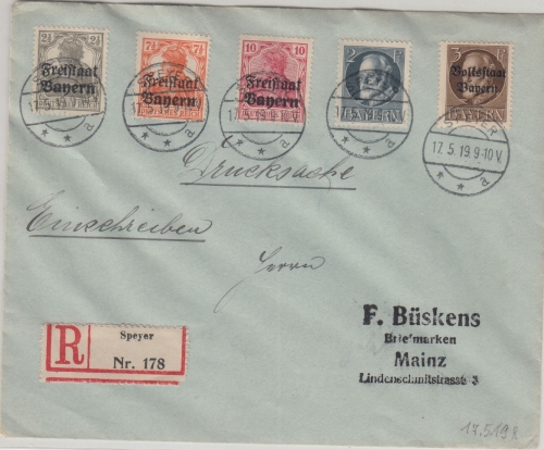 Bayern - Germania/Freistaat Frühverwendung Pfalz Einschreibebrief Speyer 17.5.19