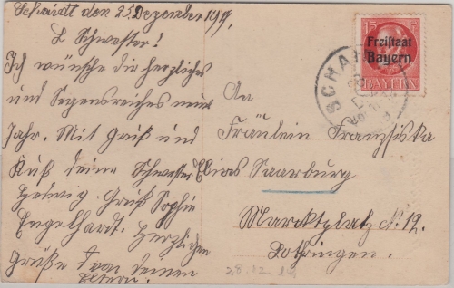 Bayern - 15 Pfg. Ludwig/Freistaat Karte n. FRANKREICH Schaidt 28.12.1919