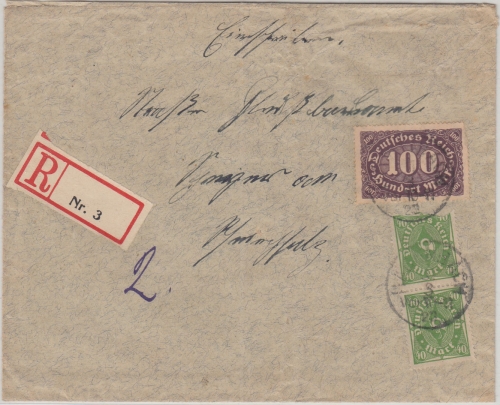DR-Infla - 100 M. Queroval u.a. Einschreibebrief Hagenbach - Speyer 30.3.23