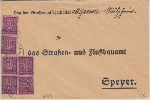 DR-Infla - 6x50 M. Ziffer Dienstbrief Rülzheim - Speyer 30. JUL 23