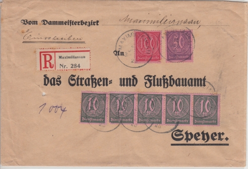 DR-Infla - 5x10+50+100 M. Ziffer Einschreibebrief maximiliansau - Speyer 25.6.23