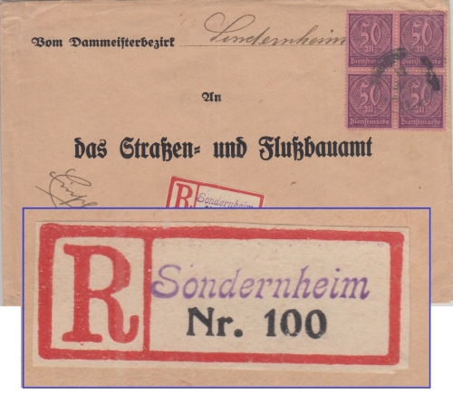 DR-Infla - 50 M. Ziffer 4er-Block Einschreibebrief Sondernheim - Speyer 13.6.23