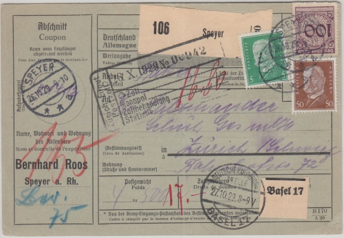 DR - 100 Pfg. Korbdeckel u.a. Paketkarte i.d. SCHWEIZ Speyer - Zürich 1929
