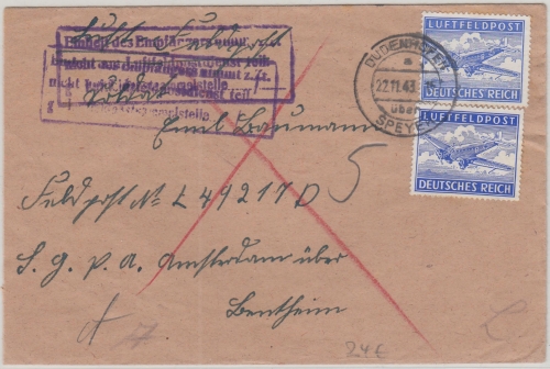 DR - Dudenhofen ü. Speyer 22.11.43 Luftfeldpostbrief an Fp.Nr. L49217D