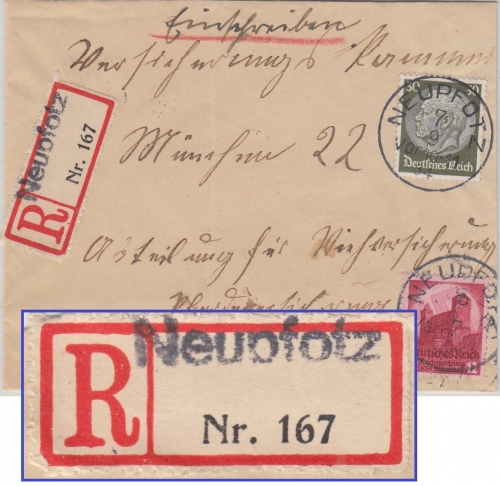 DR - Neupfotz 1934 Aushilfs-R-Zettel Einschreibebrief n. München