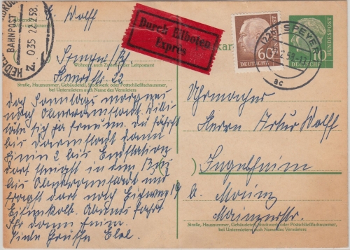 BRD - 10 Pfg. Heuss Ganzsache+Zusatz Eilkarte Speyer - Ingelheim 1958
