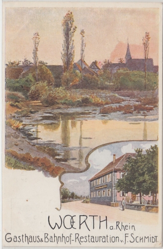 Rheinl.-Pfalz - Woerth a/Rh. Gasthaus Bahnhofsrestauration farb Künstler-AK 1928