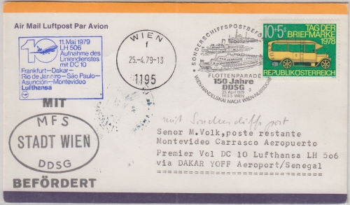 Österreich - LH-Erstflug Dakar Montevideo DC10 Zuleitung DDSG 11.5.1979 SST Wien