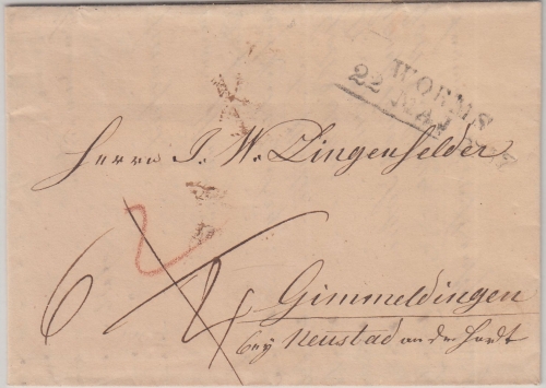 Thurn&Taxis/Bayern - Worms 24. MAI 1847 Ra2 Portobrief n. Gimmeldingen