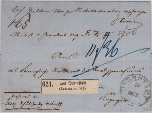 Thurn&Taxis/Bayern - Darmstadt 20.OCT 1865 Nachnahmebrief n. Speyer