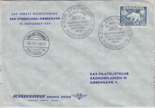 Grönland - SAS Erstflug Stromfjord - Kopenhagen 1954 Luftpostbrief 30 Ö. Eisbär