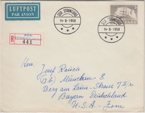 Grönland - 5 Kr. Aktisschiff Luftpost-Einschreibebrief/FDC Stromfjord 14.8.1958