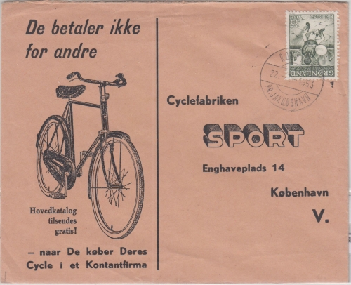 Grönland - Jakobshavn 1953 illustr. Werbekuvert (Fahrrad) n. Kopenhagen