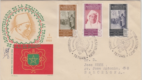 Span. Marokko - 1,80 Ptas. Kalif u.a. Schmuckkuvert + SST Tetuan Barcelona 1955