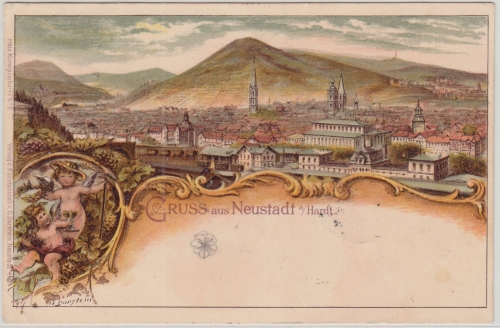 Bayern/Pfalz - Neustadt a/Hardt Ortsansicht Bahnhof Farblitho gelaufen 1899