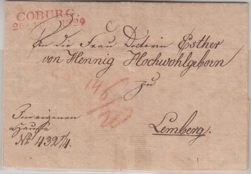 Thurn&Taxis/Galizien - Coburg 26. APR 1829 roter L2 Portobrief n. Lemberg