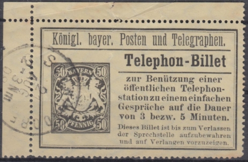 Bayern - 50 Pfg. Telefon-Billet Schwandorf 1908 Bogenecke