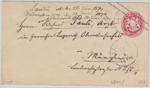 Bayern - 3 Kr. Ganzsache brief K1 Landau 22/6 - München 1874