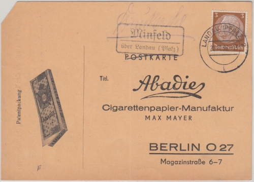 DR - Minfeld ü. Landau landpost-Ra2 illustr. Drucksachenkarte n. Berlin 1936