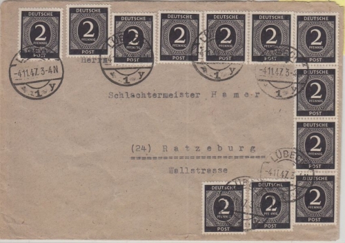 All.Bes./Kontrollrat - 12x2 Pfg. Ziffer Brief Lübeck - Ratzeburg 1947