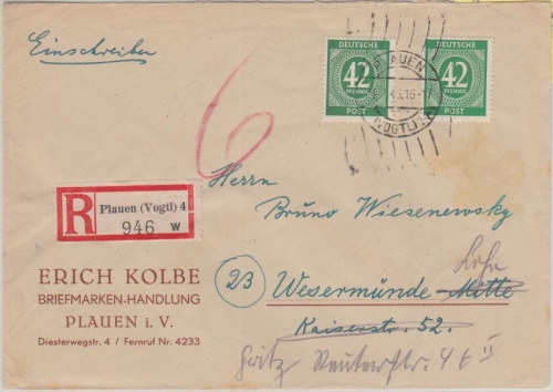 All.Bes./Kontrollrat - 2x42 Pfg Ziffer Einschreibebrief Plauen 4 Wesermünde 1946