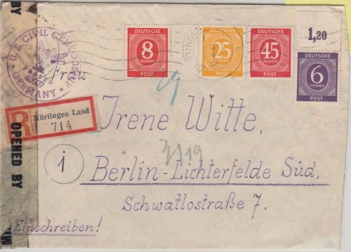 All.Bes./Kontrollrat - 6 Pfg. Ziffer Platte/OR u.a. Einschreibebrief Nürtingen