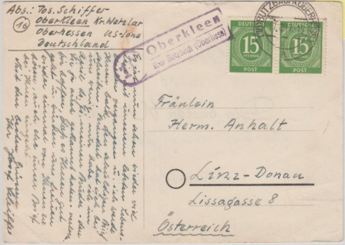 All.Bes./Kontrollrat - 2x15 Pfg Ziffer Karte n. ÖSTERREICH Oberkleen ü. Butzbach