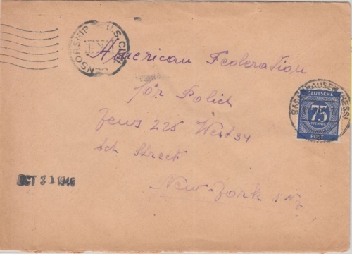 All.Bes./Kontrollrat - 75 Pfg. Ziffer Brief n. USA Babenhausen - New York 1946