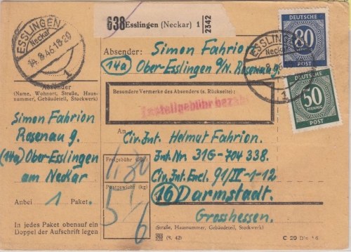 All.Bes./Kontrollrat - 80+50 Pfg. Ziffer Paketkarte Esslingen - Darmstadt 1946