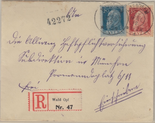Bayern - 10+20 Pfg. Luitpold Einschreibebrief Wald - München 1912
