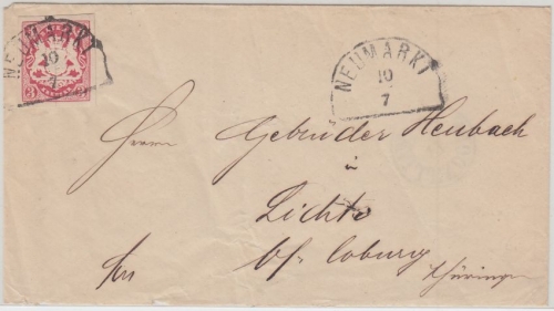 Bayern - 3 Kr. Wappen HKS Neumarkt 10/7 Brief n. Lichte b. Coburg 1870
