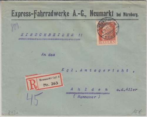 Bayern - 30 Pfg. Luitpold Einschreibebrief Neumarkt 2 - Ahlden 1913