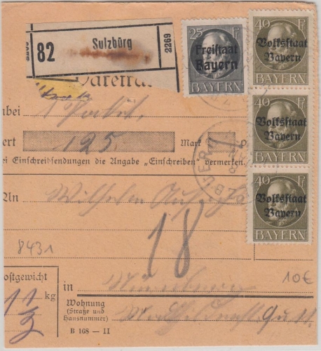 Bayern - 3x40 Pfg. Ludwig/Volksstaat u.a. Wertpaketkarte Sulzbürg Nürnberg 1920
