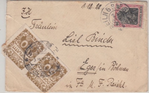 DR - 40 Pfg. Germania Brief n. TSCHECHIEN Beilngries 1920 2x50 H. Nachporto