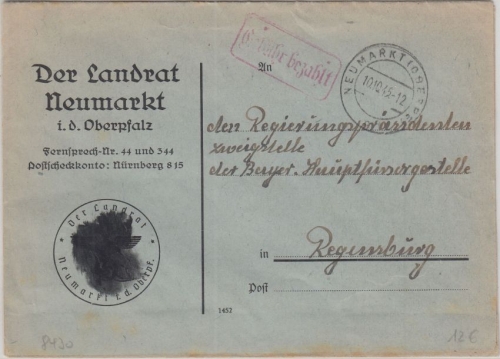 DR - Neumarkt 10.10.45 Gebühr bezahlt Ra1 entnazif. Behördenbrief n. Regensburg
