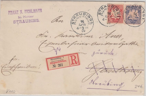 Bayern - 10+20 Pfg. Wappen Einschreibebrief Straubing - Geiselgöring 1900 retour