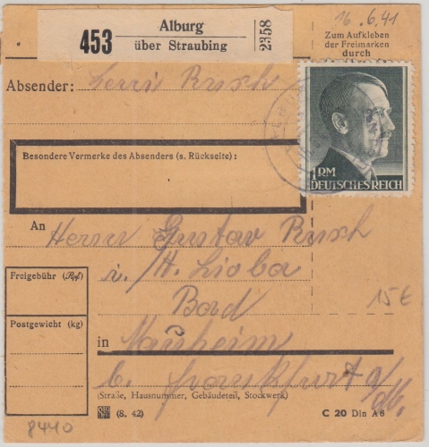 DR - Alburg ü. Straubing Poststelle I Paketkarte n. Nauheim 1944