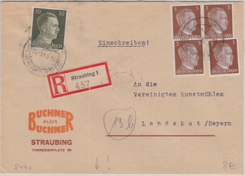 DR - 4x3+30 Pfg. AH Einschreibebrief Straubing - Landshut 1944