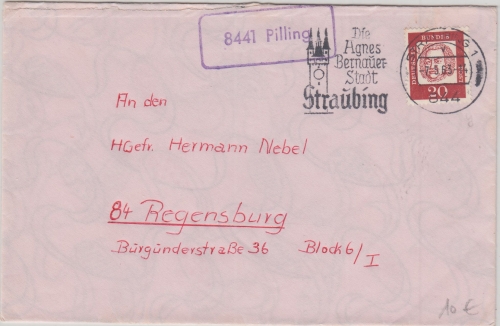 BRD - 8441 Pilling Poststelle I Ra1 Brief Straubing - Regensburg 1963
