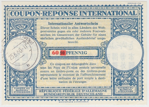 BRD - 60 a. 50 Pfg. Internat. Antwortschein gestpl. Straubing 25.6.60