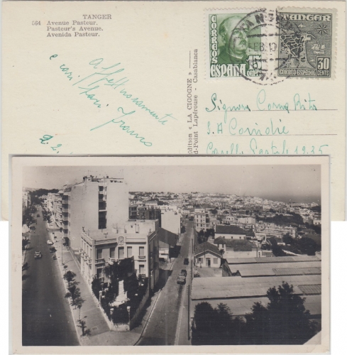 Spanien/Tanger - Mischfrankatur Ansichtskarte n. ITALIEN Tanger - Genua 1949