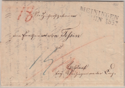 Thurn & Taxis/Württemberg - Meiningen 1. JUN 1832 L2 Portobrief n. Vaihingen