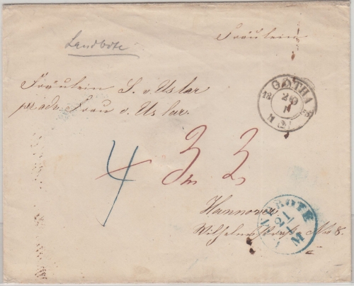 Thurn&Taxis/Hannover - Gotha 20.1.1855 K2 Portobrief n. Hannover bl. K1 Landbote
