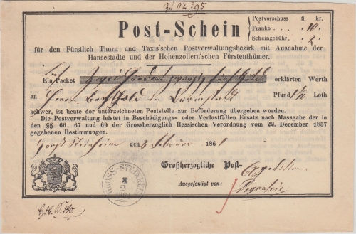 Thurn&Taxis - Gross-Steinheim 8/2 1861 K1 vorgedruckter Postschein